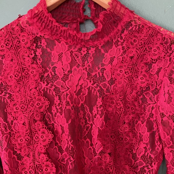 Womens Sz S red rare casual statement sleeves vintage lace crop blouse - Picture 6 of 9